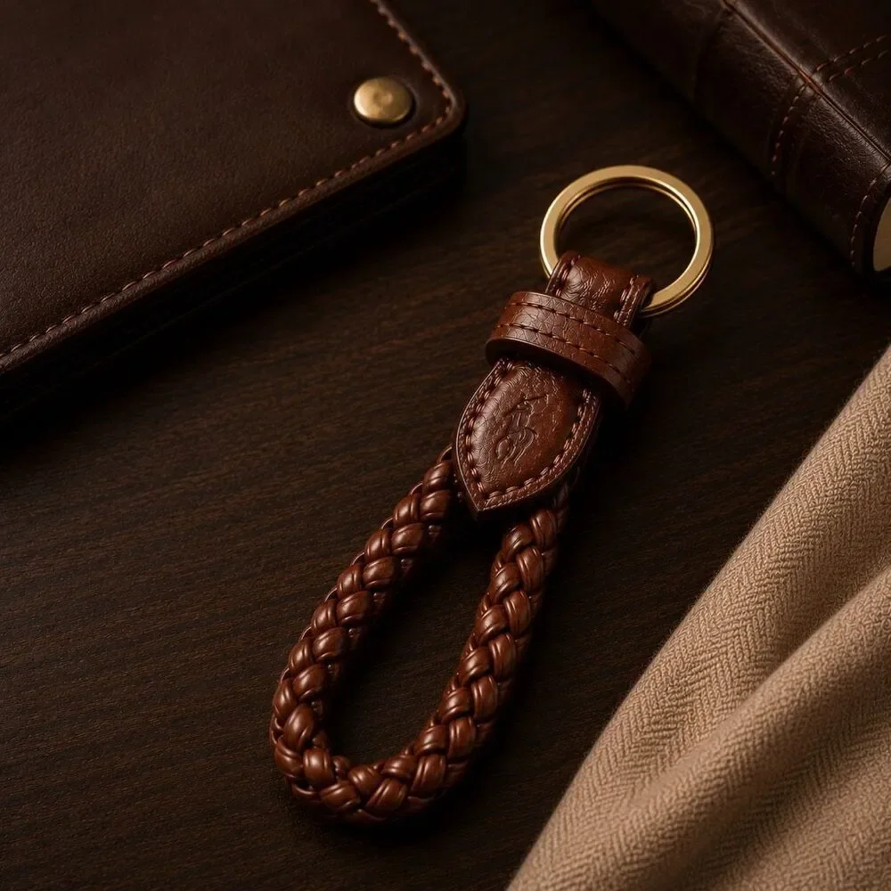 Polo Ralph Lauren Braided Genuine Leather Key Chain Brown Brass Ring NWT Pony